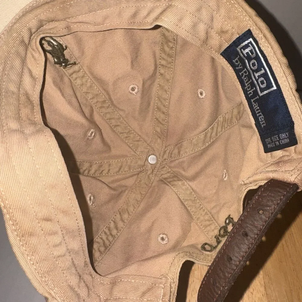 Polo Ralph Lauren Khaki Leather Strap Dad Hat Pony Logo Baseball Cap OSFA